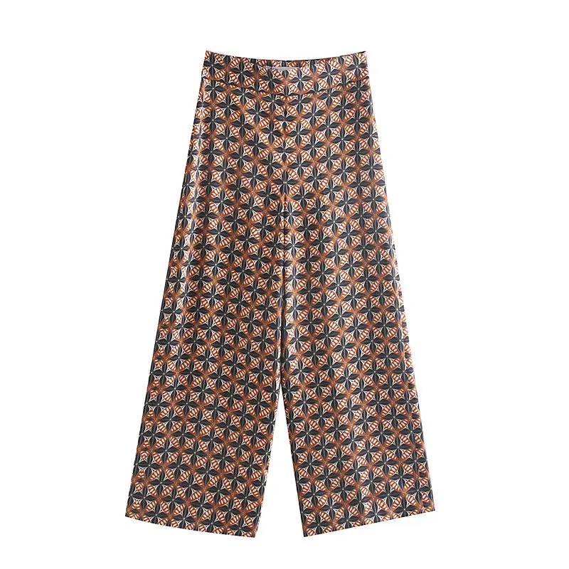 

Vintage Stylish Geometric Patterns Wide Leg Plaid Pants Women 2019 Fashion Side Zipper Elegant Ankle Trousers Pantalones Mujer