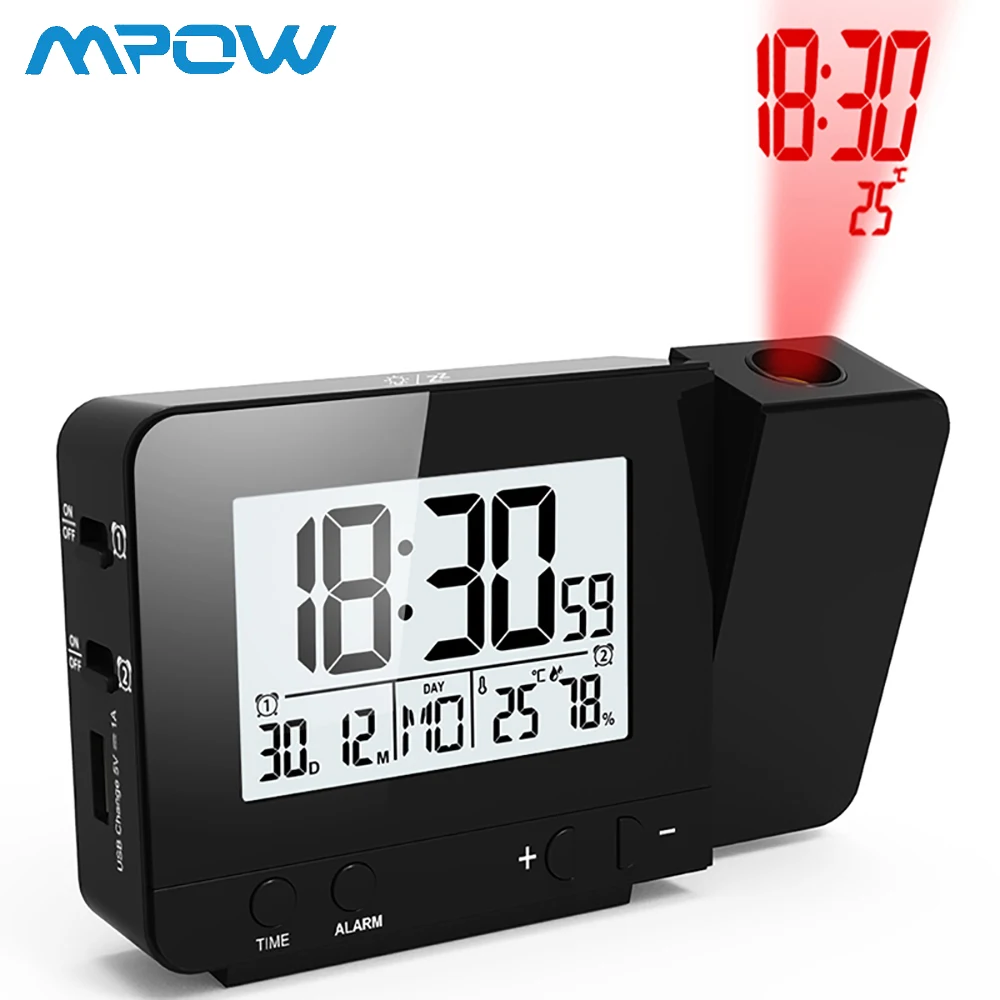 

Digital LED Projection LCD Display Alarm Clock Time Temperature Humidity Date Display Rotatable Projector Snooze Function Clock
