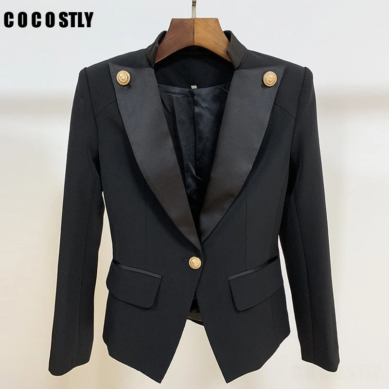 

Luxury Designer Suit For Women Blazer Jacket Coat Single Button Satin Collar Office Lady Black Blazers Feminino Outwear