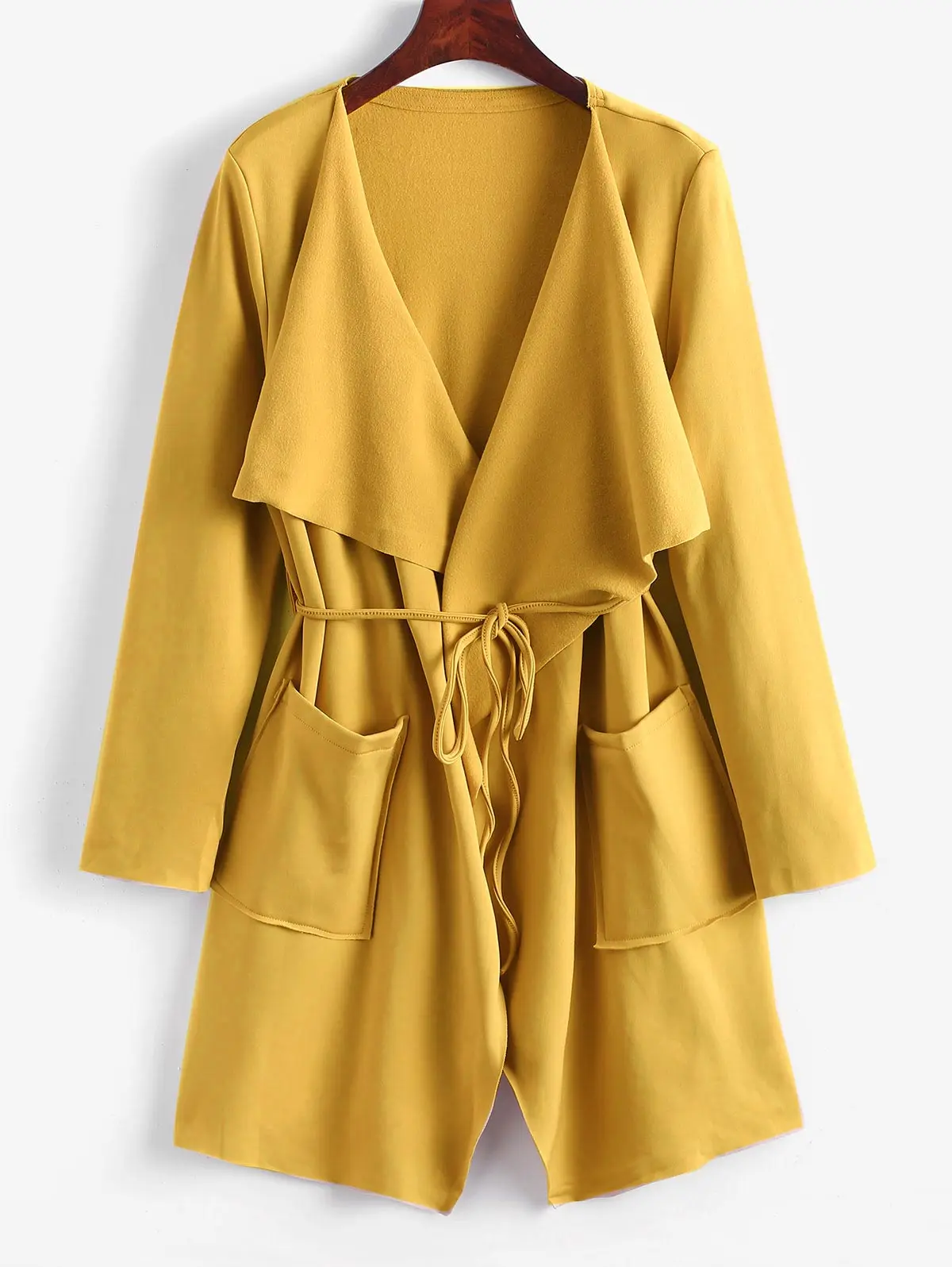 Bee Yellow ZAFUL Женское пальто с заплатками, карманами, поясом, водопад, отложной воротник, длинный рукав, сплошной цвет, с юбкой, пальто для осени, удлиненное - Цвет: Bee Yellow