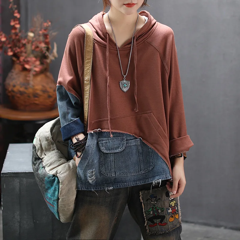 

XUXI Autumn Cotton Leisure Hooded Vintage Stitching Hit Color Loose Pullover Long Sleeve High Street 2020 Women FZ2269