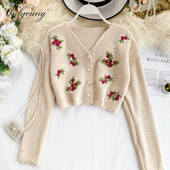 

Onlyoung 2020 Autumn Women Knitted Cardigan Jumper Vintage Floral Embroidery Short Sweater Cardigan Tops