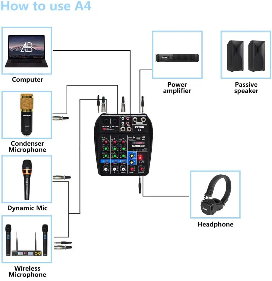 reprodução, gravação de música, misturador de áudio, bluetooth