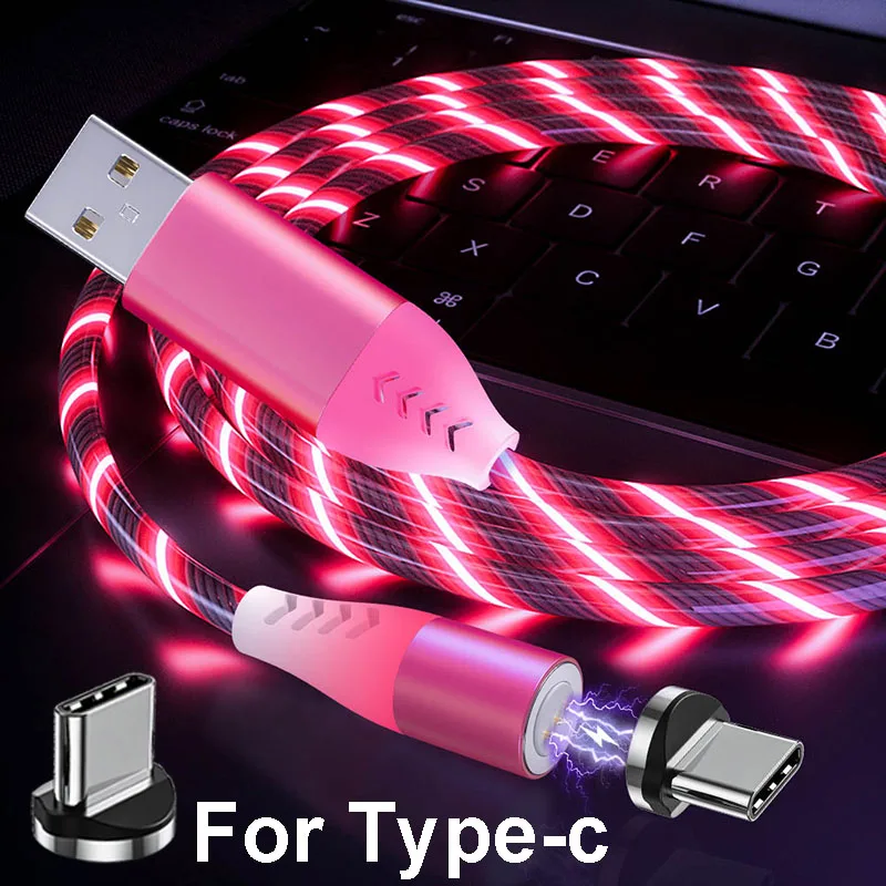 5A Быстрая зарядка Micro USB кабель type C Магнитный течёт светильник светодиодный зарядный кабель 1 м магнит зарядное устройство ЦВЕТНОЙ кабель - Цвет: Red for Type-c