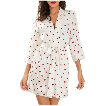 

Heart Print Dressing Gown For Women Silk Bathrobe Women Satin Robes For Women Bath Robe Sexy Sleepwear White peignoir femme sexy