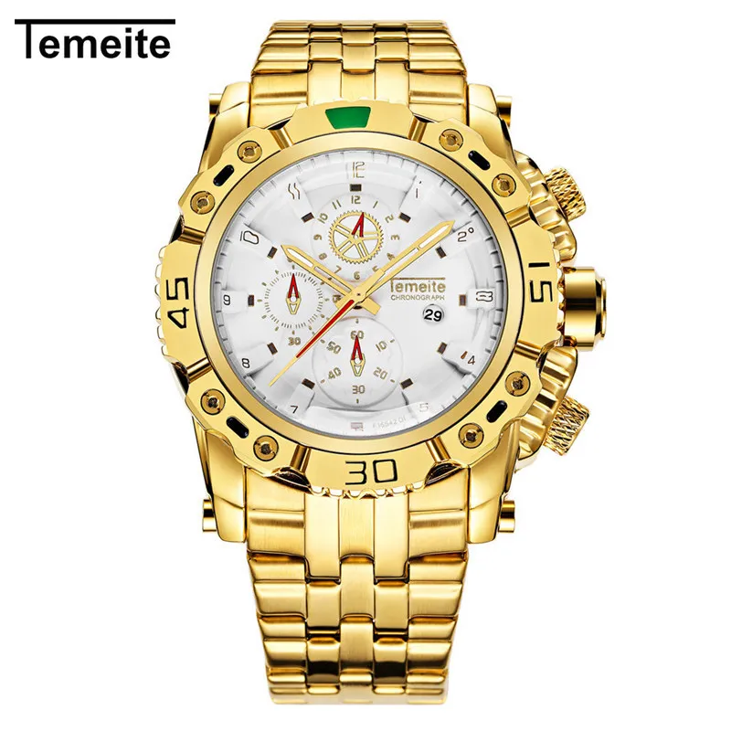 TEMEITE модные золотые мужские часы календарь из нержавеющей стали водонепроницаемый большой циферблат спортивные часы лучший бренд роскошные часы Reloj Hombre - Цвет: gold 3
