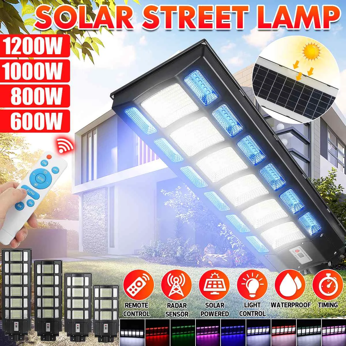 

1200W RGB Waterproof Street Light 744 LED Solar Lamp With Remote Control Outdoor Lighting Wall Lamps Flood Light Garden Light