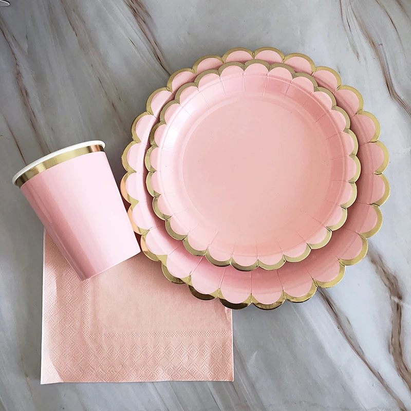 

64pcs/set Birthday Party Disposable Tableware Set Gilding Pink Paper Plates Napkins Cup Wedding Party Decor Baby Shower Supplies