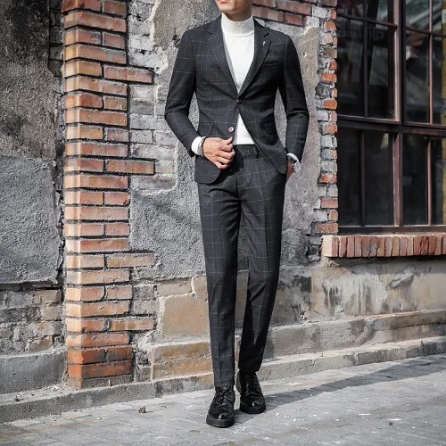 Dark gray Роскошные костюмы(пиджак+ брюки), новинка, мужской модный бутик, клетчатый Свадебный костюм, 2 предмета, мужской деловой повседневный костюм - Цвет: Dark gray