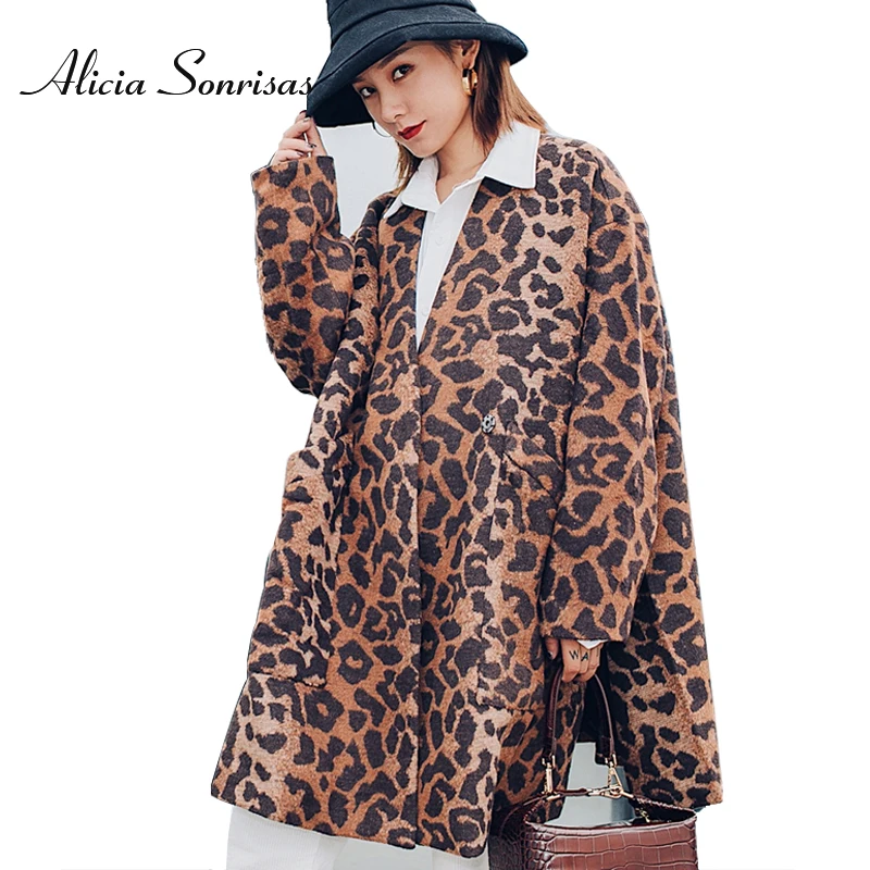

2019 Leopard Coat Women Winter Woolen Coat Thick Warm Long Wool Blends Female Jacket Loose Silm Plus Size Cloak Outwear