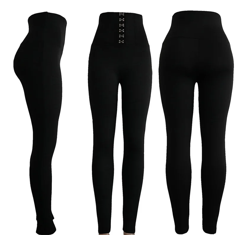 Women Spring New Female Black High Waist Button Hips Casual Leggings Slim Trousers Solid  Casual  Skinny