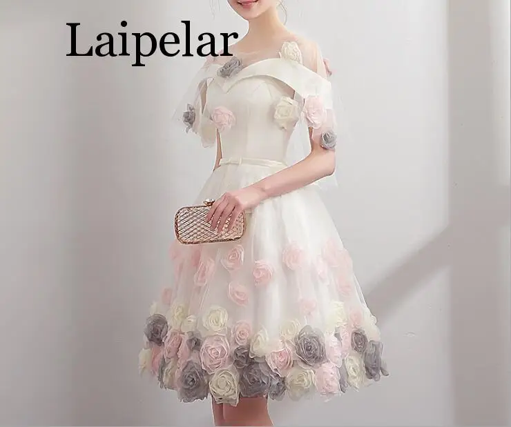 Laipelar, новинка, Элегантные 3D цветы, длина до колена, белые платья для вечеринок, женское летнее торжественное платье, Vestidos