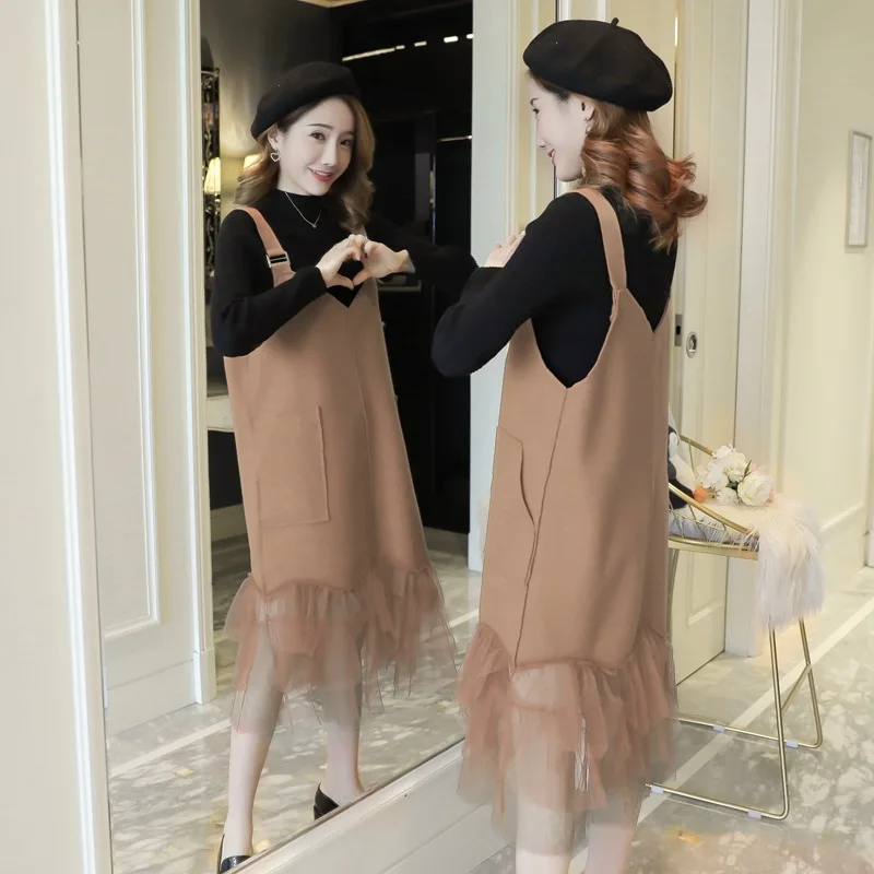 

Autumn And Winter New Style V-neck Woolen Suspender Strap Dress Joint Gauze Pregnant Women Skirt Korean-style Fashion Loose Dres