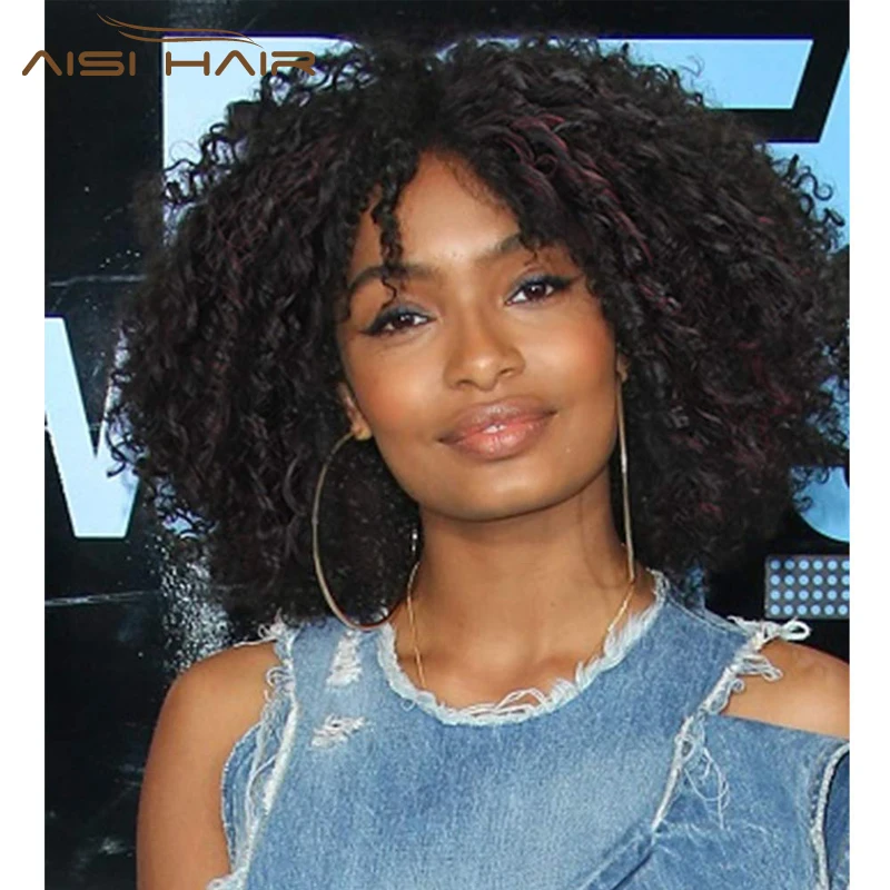 AISI HAIR 14 дюймов афро кудрявый вьющийся парик смешанный красный и черный с челкой