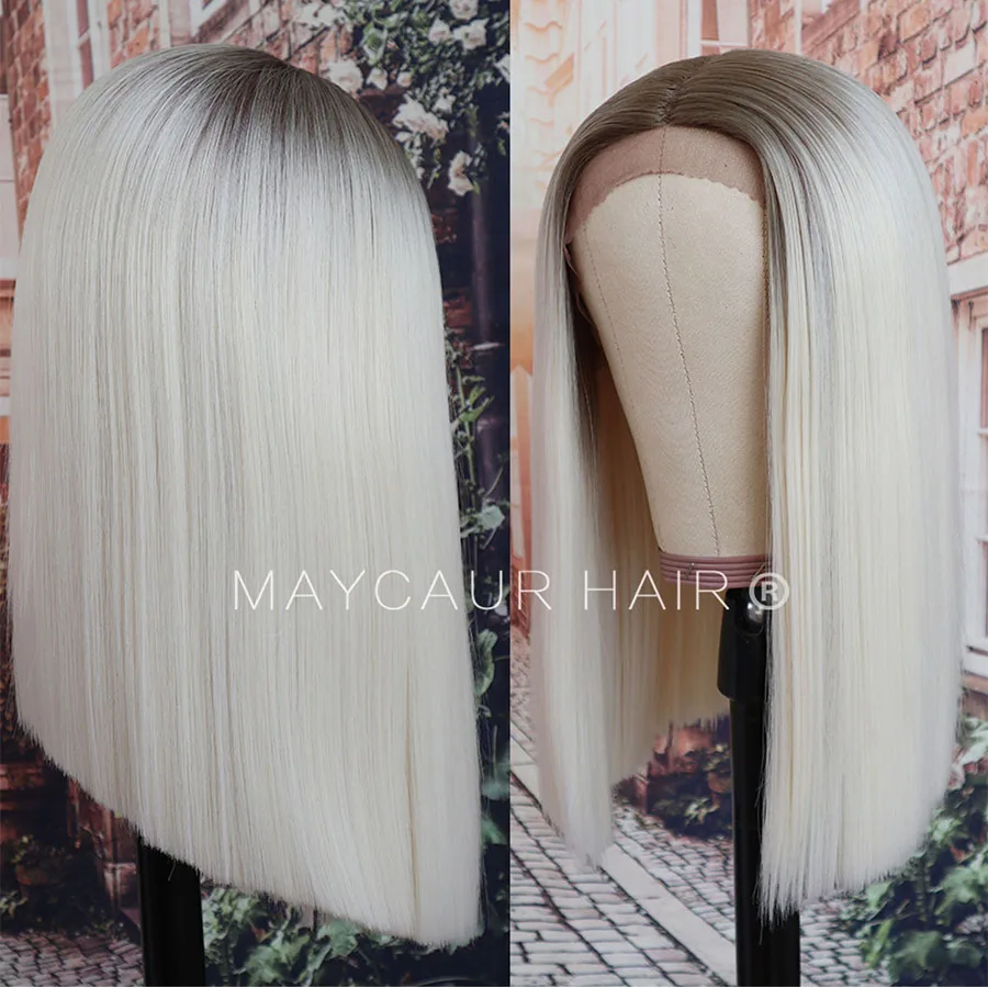 Maycaur Brown White Ombre Color Synthetic Lace Front Wigs Long Bob Hair Natural Straight Lace Wigs for Black Women (3)