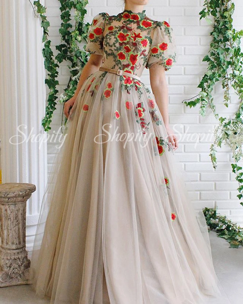 

Long Elegant Evening Dress 2020 High Neck Short Sleeve Applique 3D Flowers Champagne Dinner Women Formal Gowns