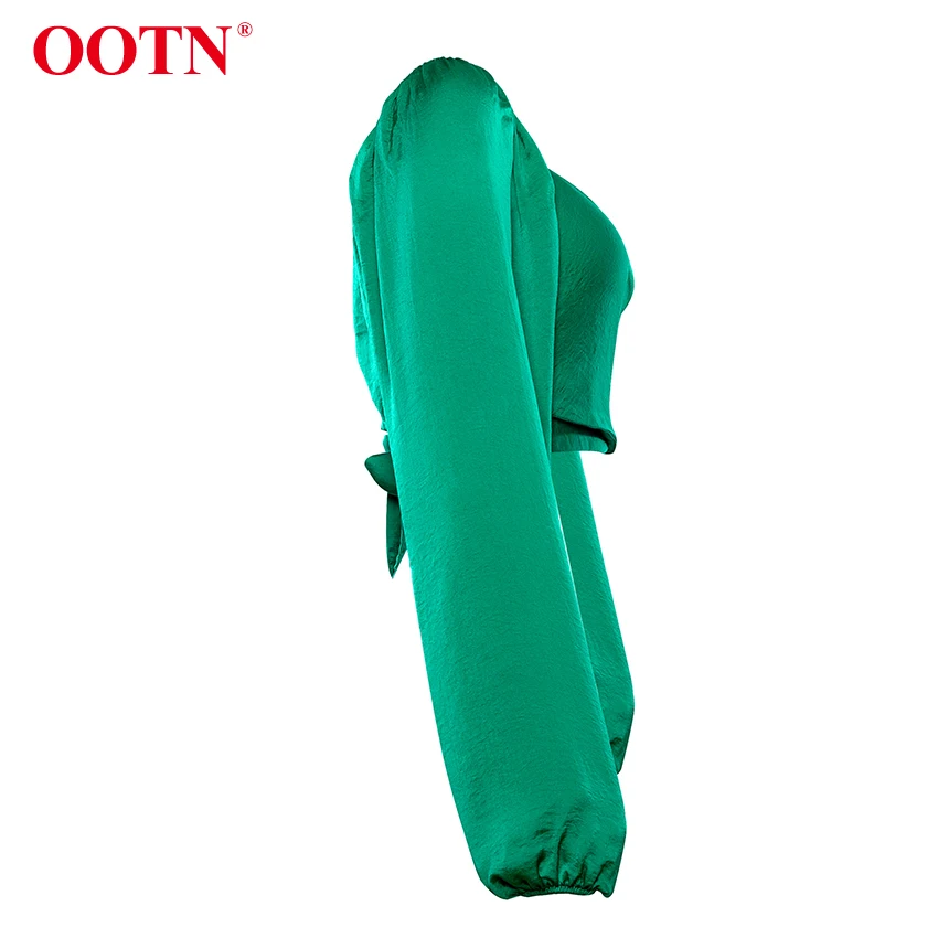 OOTN зеленый атласный укороченный топ, женская блузка, рубашка,, сексуальный топ с длинными рукавами-фонариками, женские топы, шелковые кружевные Модные осенние
