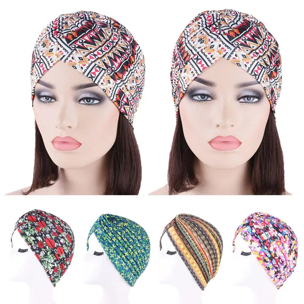 

India Women Pleated Printed Cancer Hat Chemo Cap Muslim Hair Loss Head Scarf Wrap Cover Turban Arab Bonnet Beanie Skullies New
