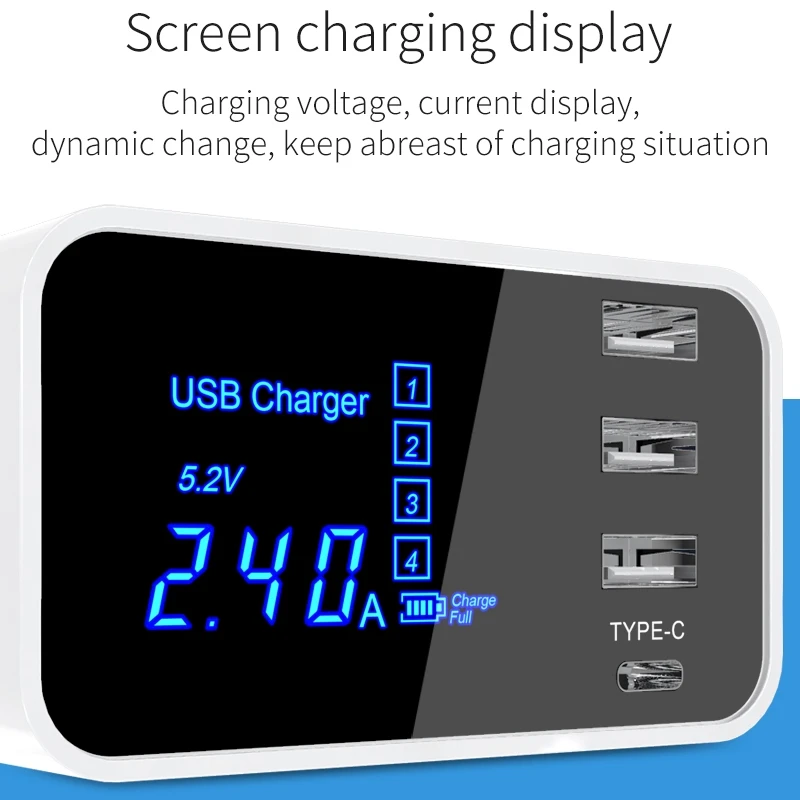 20 Вт 3 usb порта+ USB-C/type-C порты многофункциональное зарядное устройство со светодиодный дисплей для huawei samsung Xiaomi OnePlus 5 6 6T 7 7T
