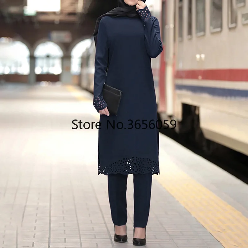 Islamic Clothing Pant Set for Women Abaya Dress Muslim Fashion Hollow Out Solid Long Sleeve Arab Dubai Eid Mubarak Ladie Karftan muslim dress muslim robe muslim sets