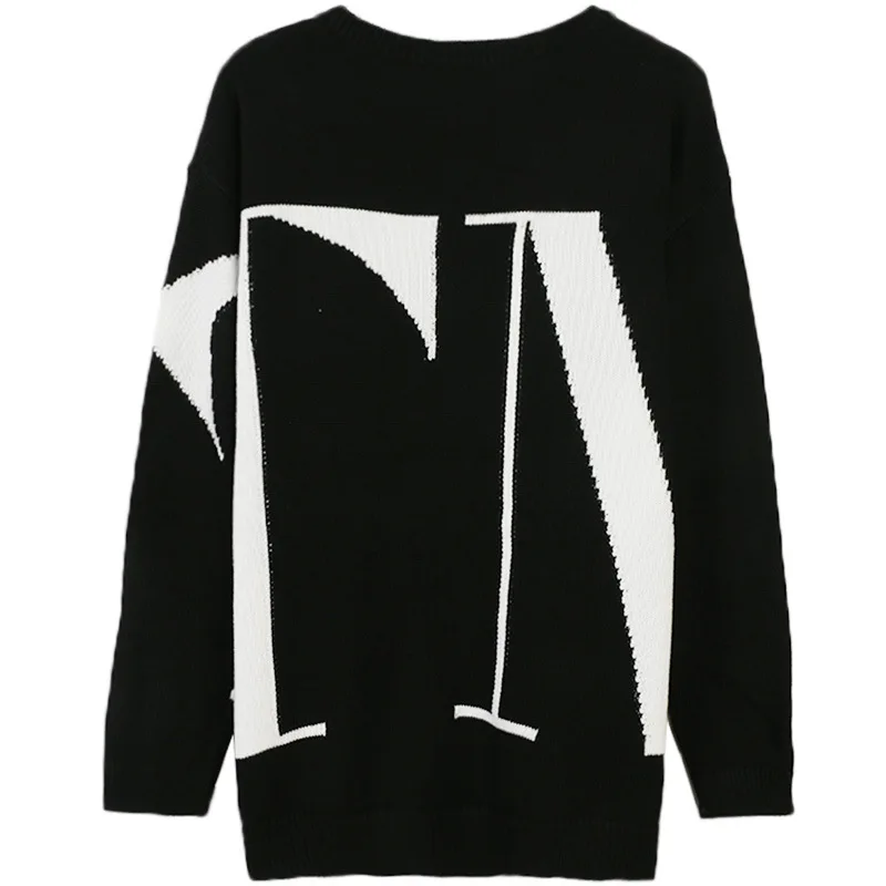 Fall Black Sweater New Long Sleeve Coloured Letter Embroidered Round Neck Loose Knitted Top Woman Computer Knitted Sweater