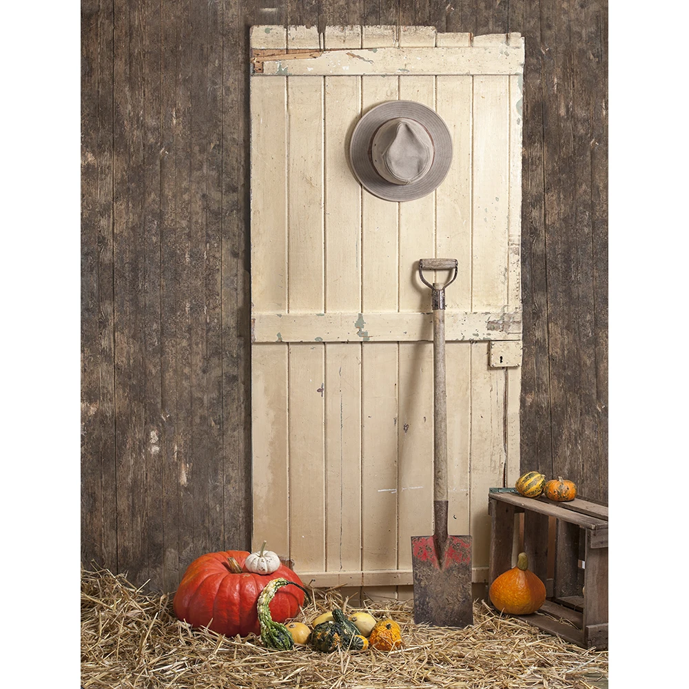

Rural Farm Photography Backdrops Old wood Wall door Pumpkin Haystack Photo Backgrounds Portrait Photophone studio props