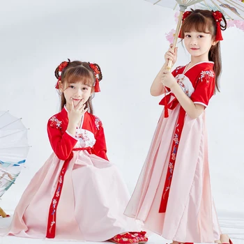 

Princess Dance Dress 2020 New Girls Long Sleeve Chinese Hanfu Kids Girls Dresses Performance Tutu Mesh Costume Midi Dress Red