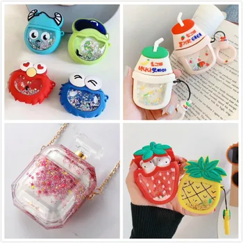 

3D Liquid Earphone Case for Apple Airpods Case Glitter Quicksand Cover for Air pods 2 Case Headphone Earpods Cover Bling Strap