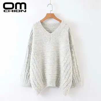 

OMCHION Sueter Mujer 2019 Korean V Neck Twist Mix Color Oversized Lazy Sweater Women Casual Loose Thick Knit Pullover LMY225