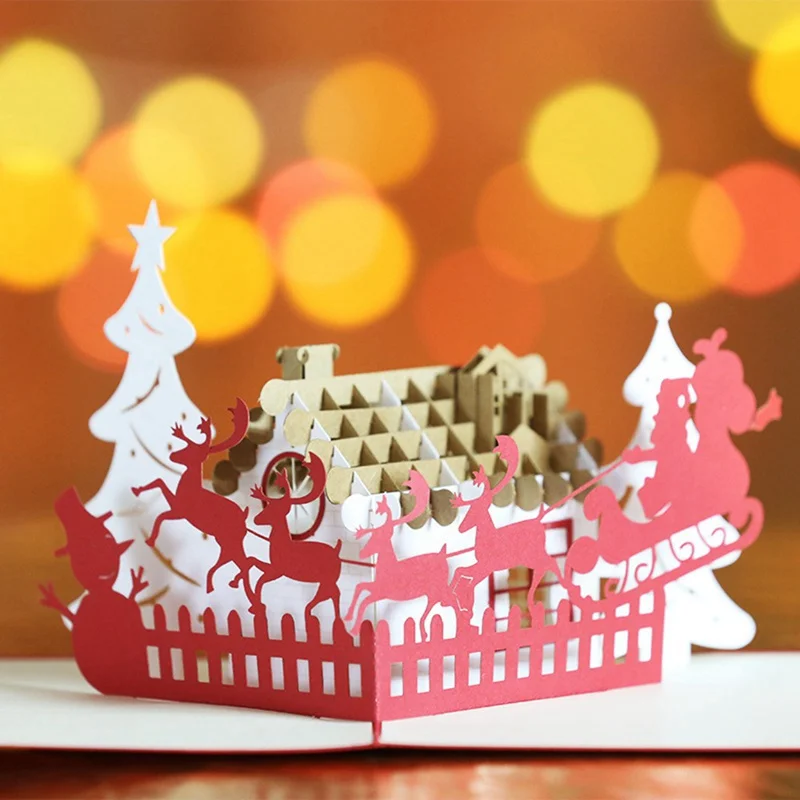Merry Christmas Pop UP Cards with Envelope Stickers Laser Cut New Year Greeting Cards Gifts Card Handmade