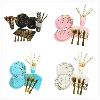 

Single-Use Cutlery Set, Part Supply, Polka Dot Elegant Disposable Paper Cup Plate Table Mat, Plastic Fork Knife Spoon Straw