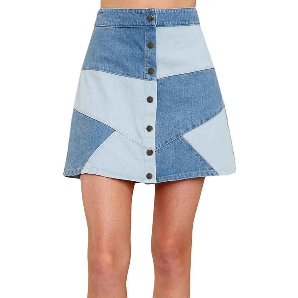 

Women Short Denim Skirt With Buttons Front Two-Color Stitching Mini Jeans Skirts For Women Summer High Waist A-Line Jeans Skirt