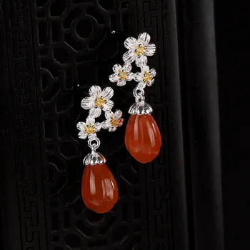 

New S925 pure silver vintage plum blossom natural south red agate magnolia temperament lady ear drop studs
