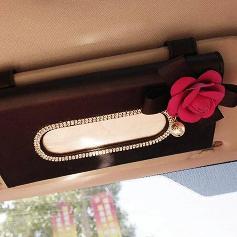 Cute Flower Crystal Tissue Box Paper Holder for Car Sun Visor Leather Hanging Auto Sunvisor Tissue Cases Car Accessories