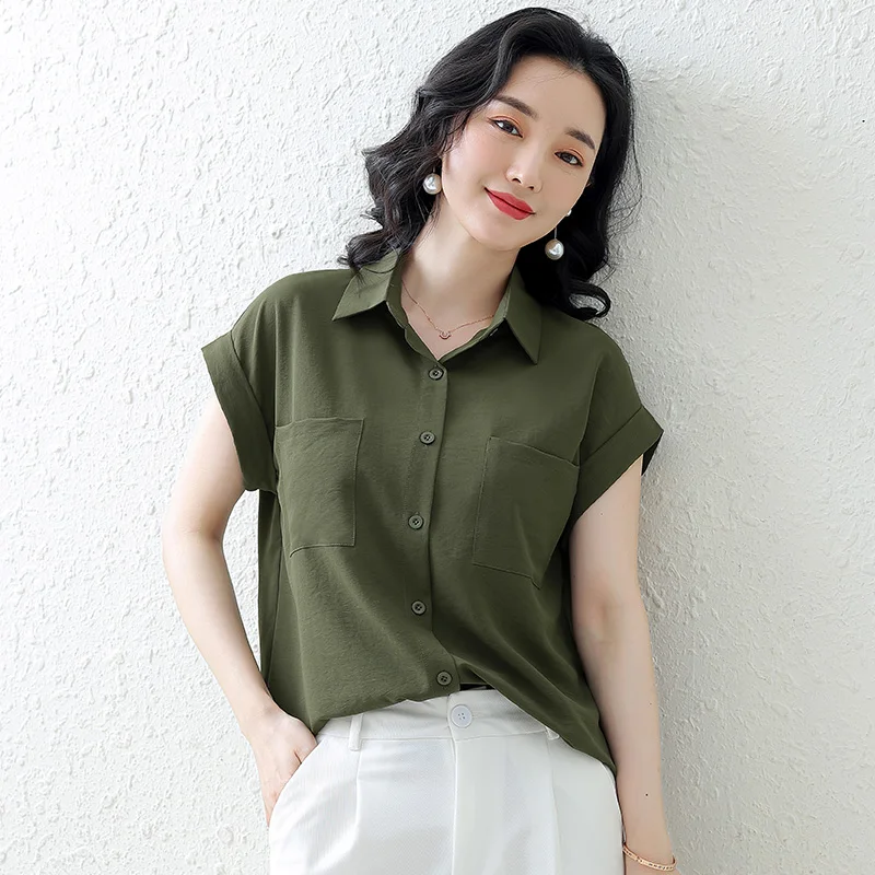 

Women Shirts Oversized Blouses Female Tops White Plain Blusa Loose BF Korean Style Summer Sleeveless Pockets Tops Office Lady