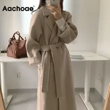 Женское шерстяное пальто Aachoae, Элегантное Длинное однотонное пальто с поясом и длинным рукавом, шикарная верхняя одежда, осень-зима 2020 Женское шерстяное пальто Aachoae, Элегантное Длинное однотонное пальто с поясом и длинным рукавом, шикарная верхняя одежда, осень-зима 2020