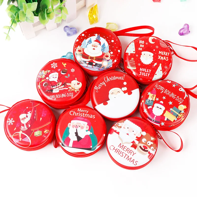 

New Fashion Christmas Creative Gift Coin Purse Tinplate Mini Red Round Bag Coin Headset Key Zipper Bag For Women Girl Gift Hot S