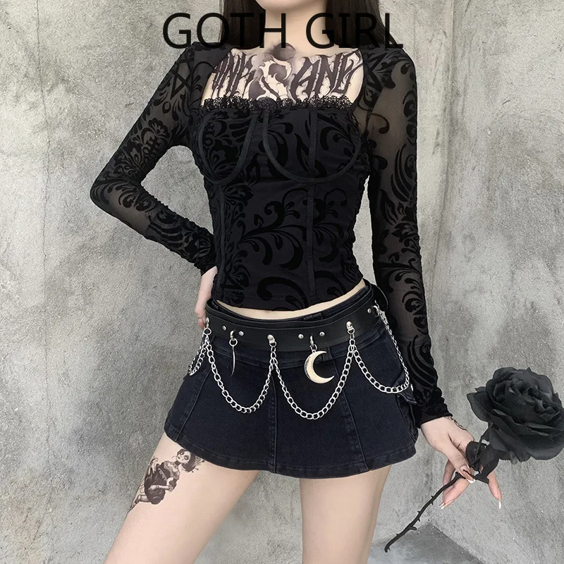 

Goth Girl Sexy Street Lace Panel Square Collar Long-Sleeved Upper Garment Women Ins Design Sense off-Shoulder Base Shirt Full