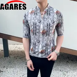 2019 Мужская рубашка с рукавом три четверти Модные мужские повседневные рубашки Деловые зауженные официальные мужские Рубашки Летние