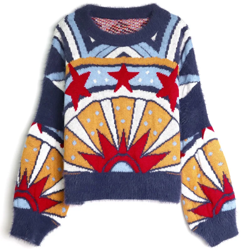 

Wind Mink Velvet Sweater Women's Autumn New All-match Loose Korean-Style Retro Pullover Color Matching Sweater Women