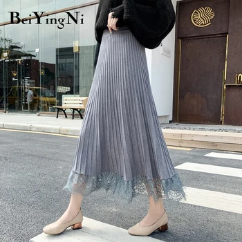 

Beiyingni Autumn New Fashion Skirt Women Lace Patchwork Knit 2019 A Line Midi Skirts Slim Solid Elegant Pleated High Waist Skirt