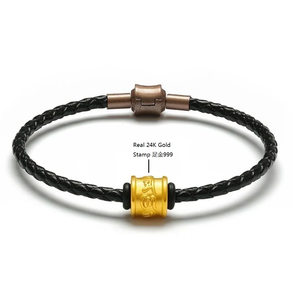 

Genuine 24K Yellow Gold Bless Six-Letter Tube Black Leather Bracelet Length from 5" to 15"