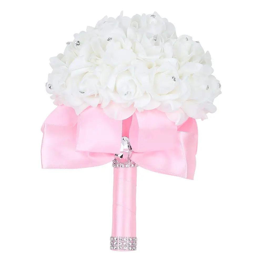 Красивый белый цвет слоновой кости Свадебный букет невесты искусственный цветок розы Букет кристалл свадебные букеты - Цвет: Розовый