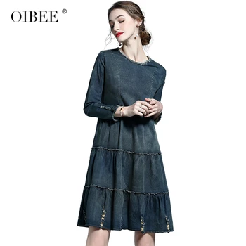 

OIBEE European pyrene 2020 spring and summer new denim cake long-sleeved dress loose large size ladies mid-length skirt