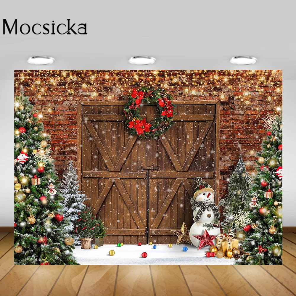 

Mocsicka Brick Wall Winter Christmas Backdrop Wood Door Snowman Christmas Tree Snowflake Glitter Xmas Photo Background Photocall