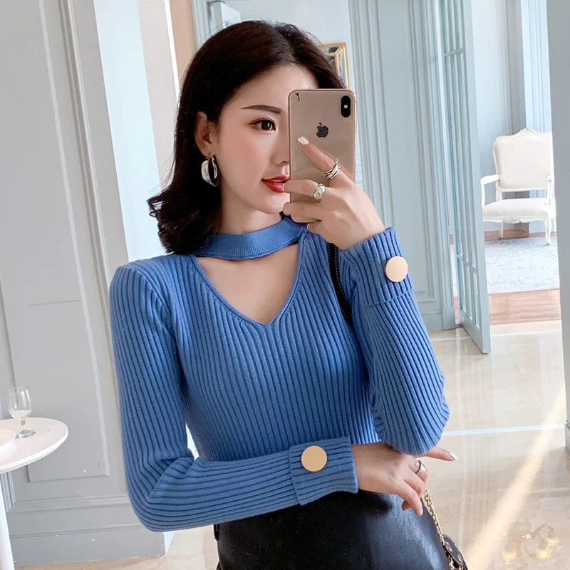 

Korean Autumn Sweater Women Knitted Sweaters Woman Pullover Knit Sweater Women V-neck Stretch Sweaters Sweters Women Invierno OL
