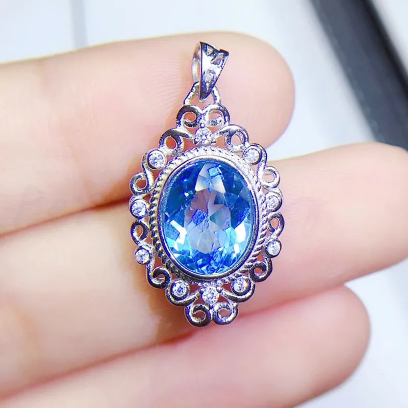 Натуральный голубой топаз Классический Стиль Ожерелье Подвеска 3.5CT драгоценный камень серебро 925 пробы хорошее ювелирное изделие Q9102410