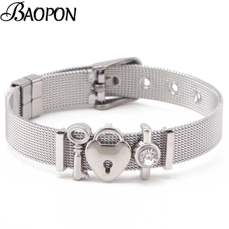 

Stainless Steel Mesh Charm Bracelets For Women Men Charm Silver Key & Lock Watch Chain Fine Bracelets Bangle Jewelry Gift