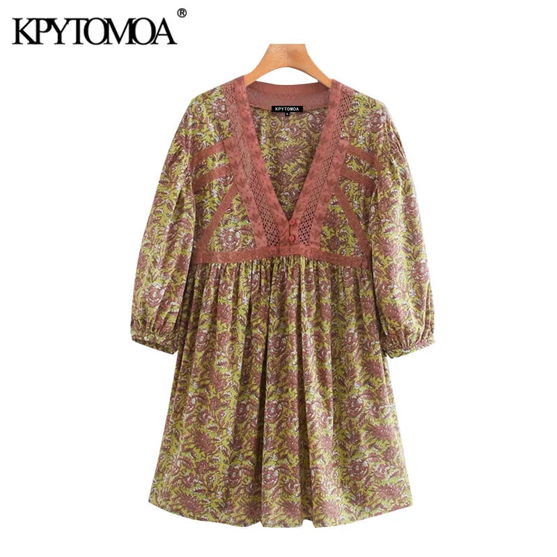 KPYTOMOA Women 2020 Chic Fashion Floral Print Patchwork Mini Dress Vintage V Neck Lantern Sleeve Female Dresses Vestidos KPYTOMOA Women 2020 Chic Fashion Floral Print Patchwork Mini Dress Vintage V Neck Lantern Sleeve Female Dresses Vestidos