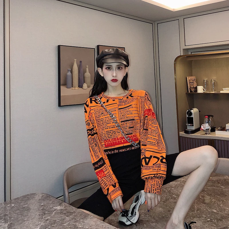 Женская одежда, осень, корейский стиль, футболка vogue, готический принт с буквами, Повседневный, негабаритный, длинный рукав, короткий топ, футболка femme